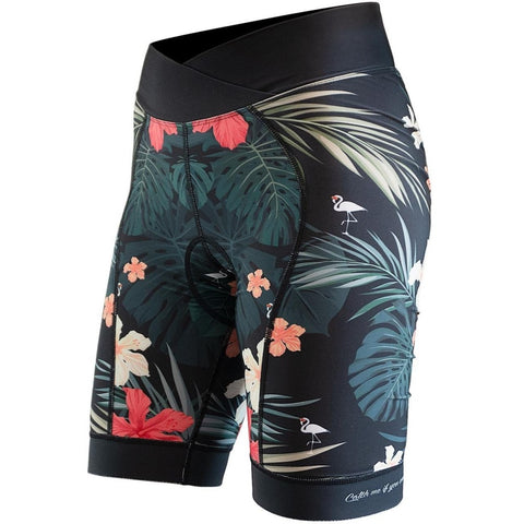 Women's padded shorts for cycling with a tropical print.
