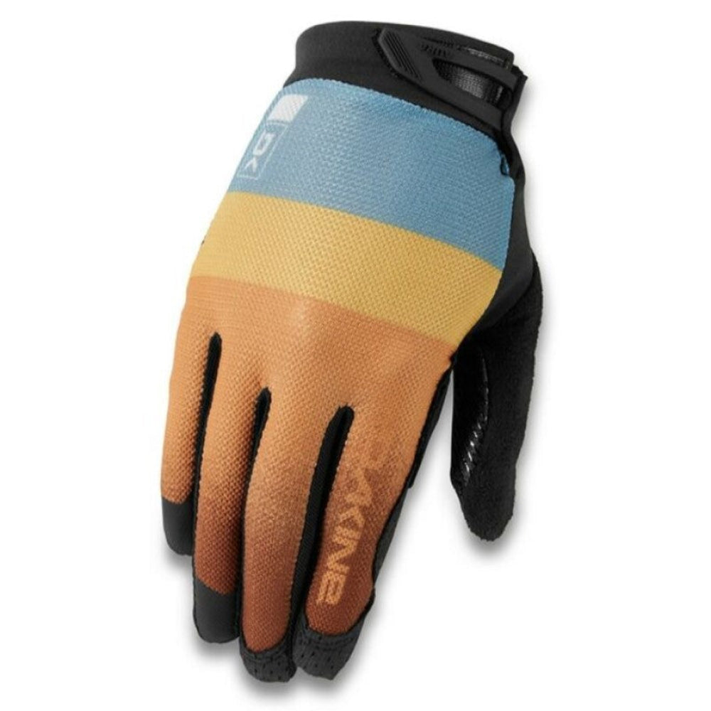 Womens Dakine Aura bike glove in Desert Sun print. Blue, yellow and orange stripes with black palm.