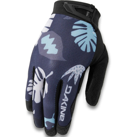 Womens Dakine Aura bike glove in abstract pal print. Purple, white, and blue shapes.