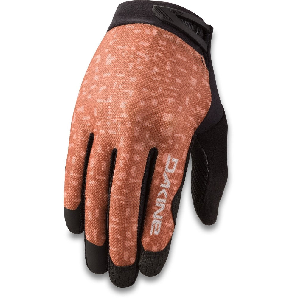 Women's Dakine Aura bike glove in Sierra Foss print. Pink, black, and orange colours.
