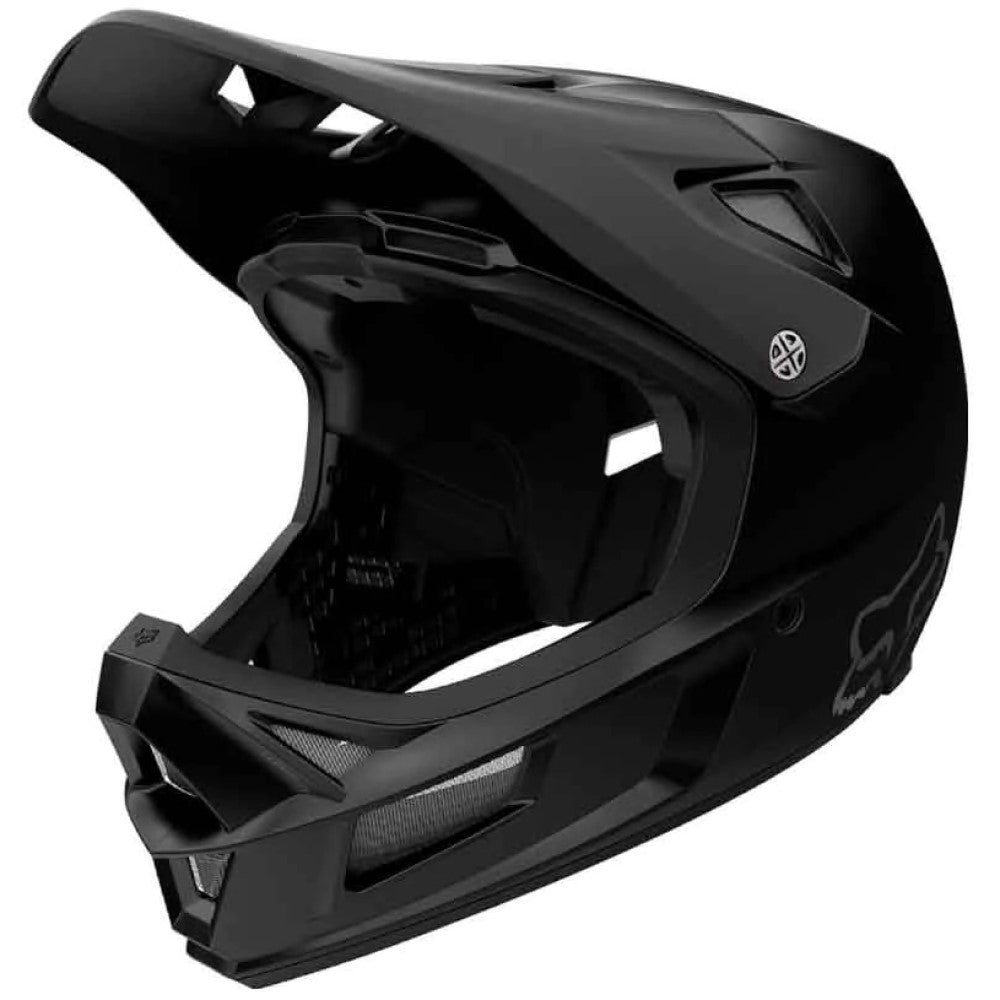 Black full-face mountain bike helmet.