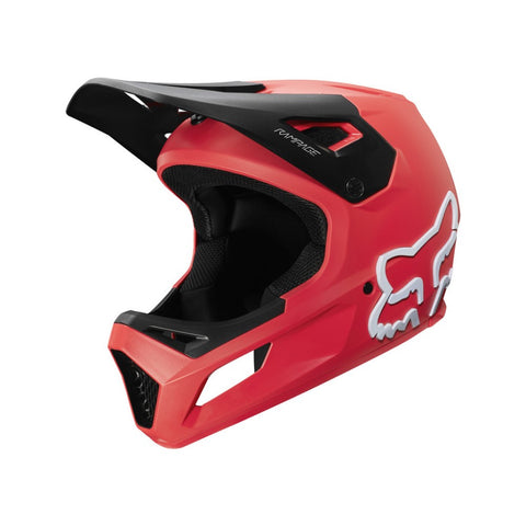 Red full-face mountain bike helmet for kids.