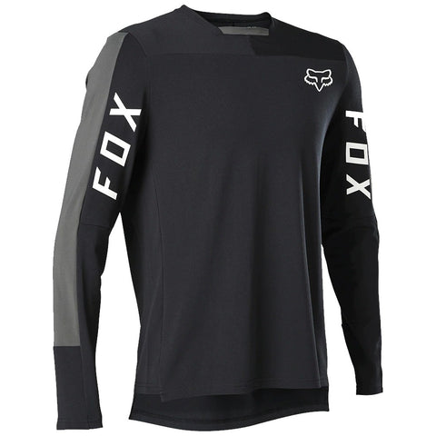 Long-sleeve mountain bike jersey in black with grey sleeves.