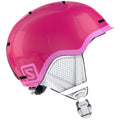 Main view of Salomon Grom Helmet in Glossy Pink colour, featuring fixed ventilation channel and a dial-fit system
