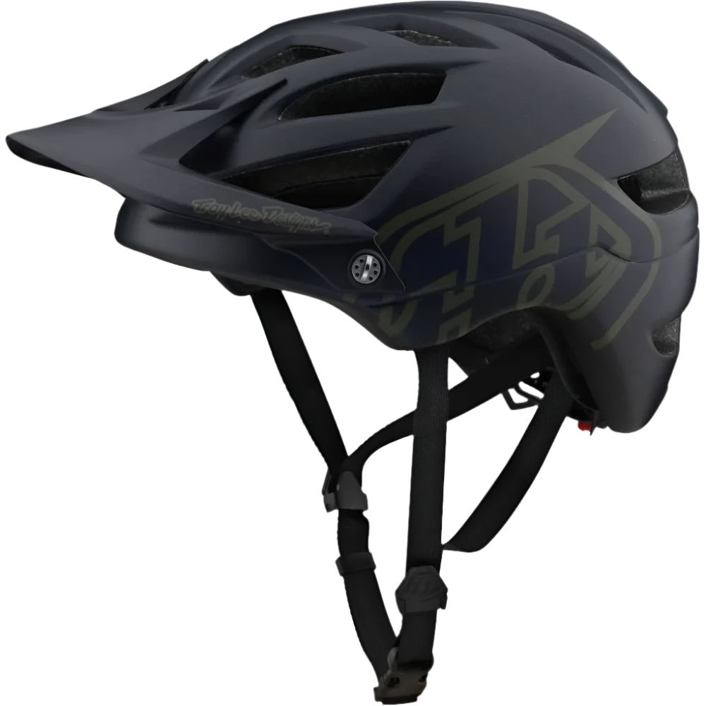 Navy open face bike helmet with green logo on side.