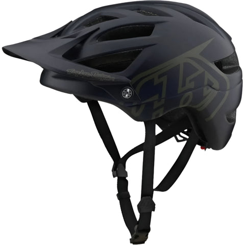Navy open face bike helmet with green logo on side.