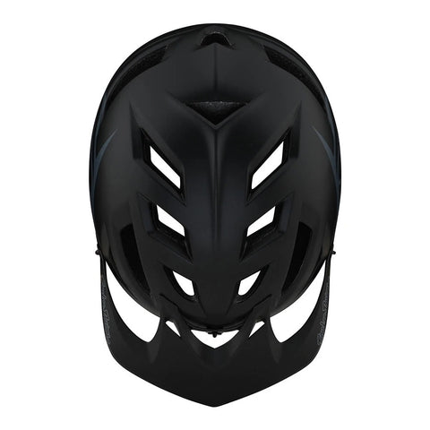 Black open face bike helmet, top down view.