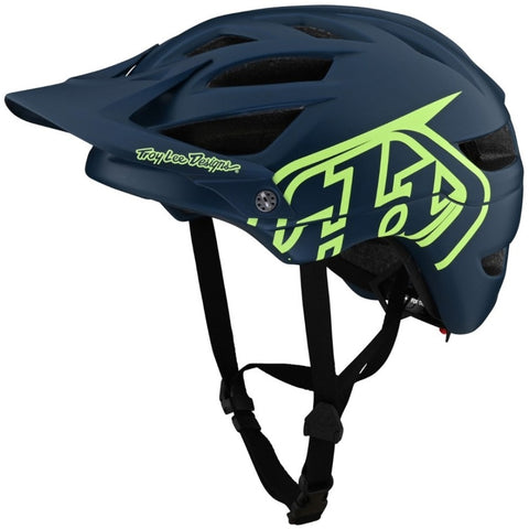 Blue open face bike helmet with green logo.