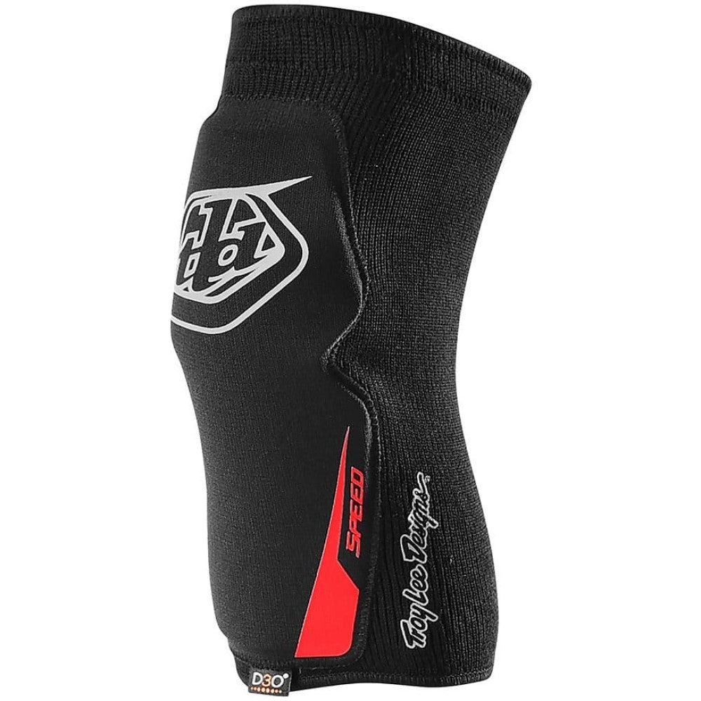 Kids mountain bike knee pads in black with white logo.