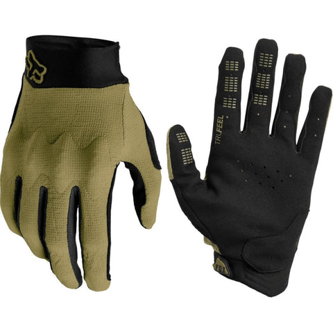 Fox mountain biking gloves in tan colour with black fabric palm and padded knuckles.