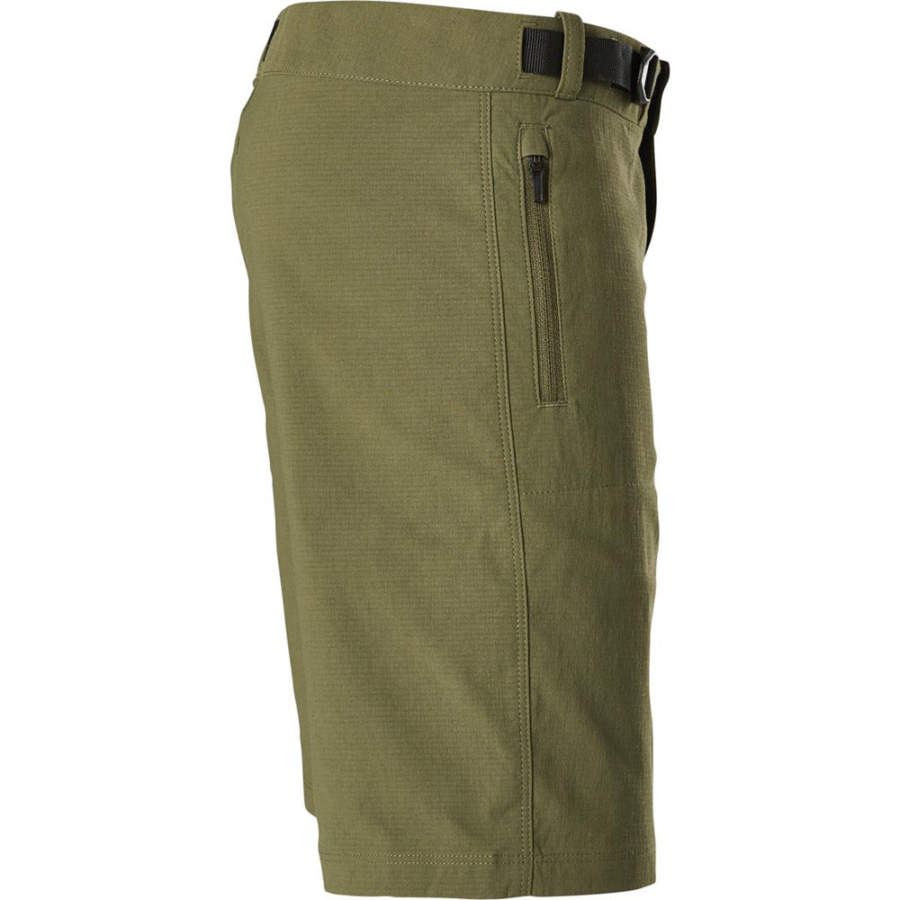 Olive green bike shorts, side zip pocket.