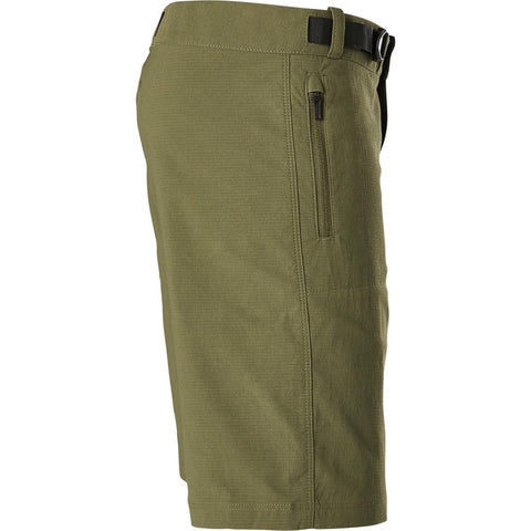 Olive green bike shorts, side zip pocket.