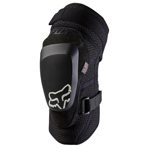 Black knee pads with hard-shell for mountain biking.