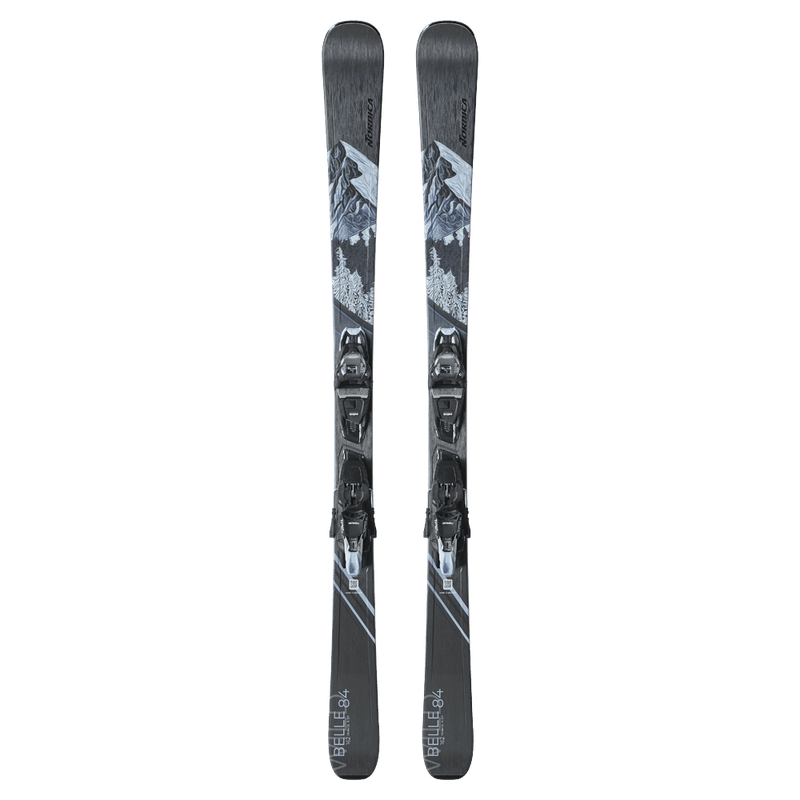 Top view of the Nordica 2027 Wild Belle DC 84 Ski w/ Binding for Women, featuring a mountain graphic in black and blue.