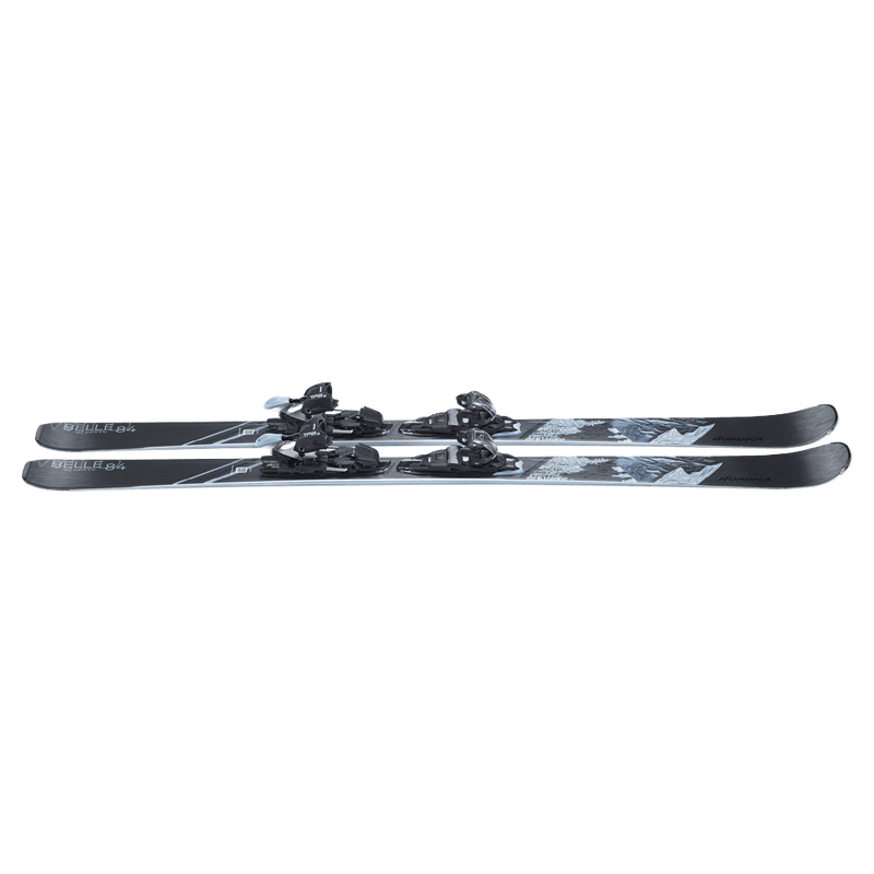Top view of the Nordica 2027 Wild Belle DC 84 Ski w/ Binding for Women, featuring a mountain graphic in black and blue.