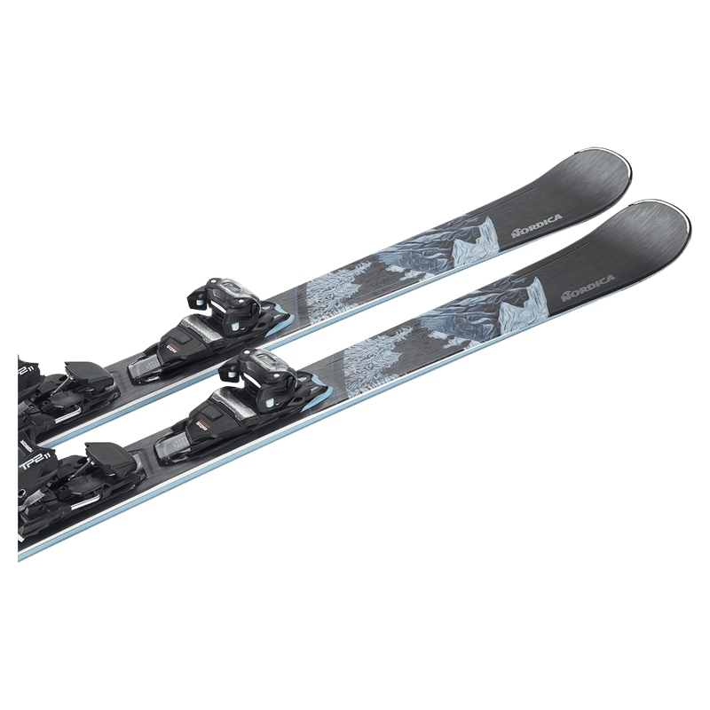 Top view of the Nordica 2027 Wild Belle DC 84 Ski w/ Binding for Women, featuring a mountain graphic in black and blue.