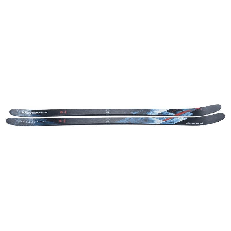 Top view of the Nordica 2027 Enforcer 99 Ski, featuring a spliced graphic design in red, blue, and black