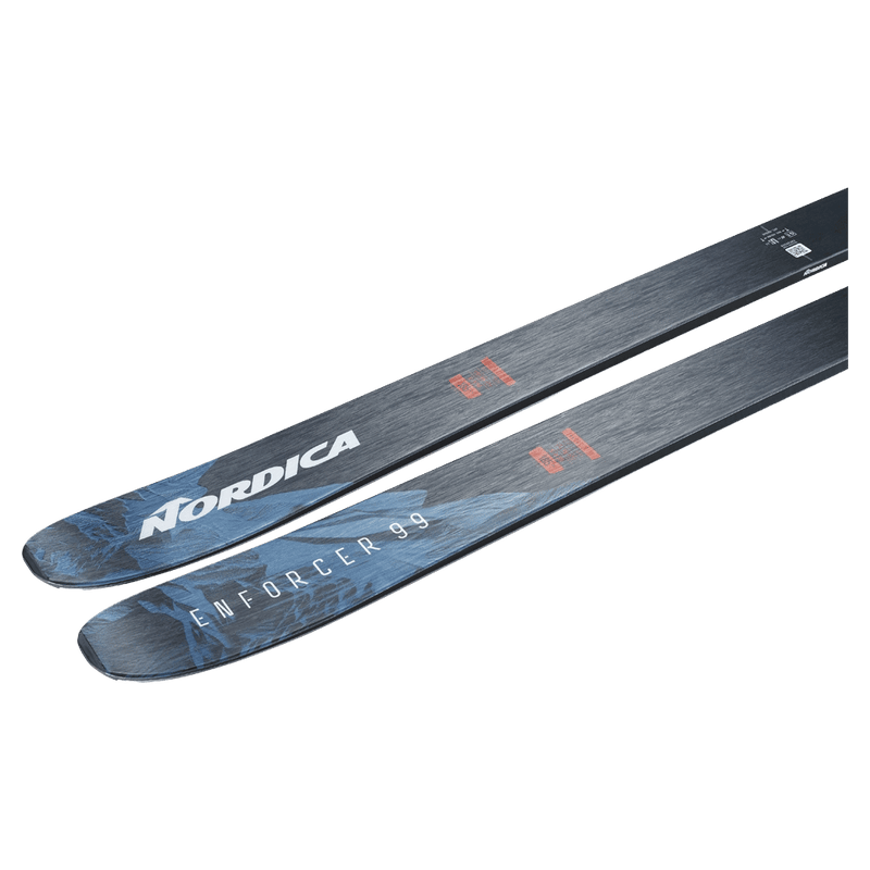 Top view of the Nordica 2027 Enforcer 99 Ski, featuring a spliced graphic design in red, blue, and black