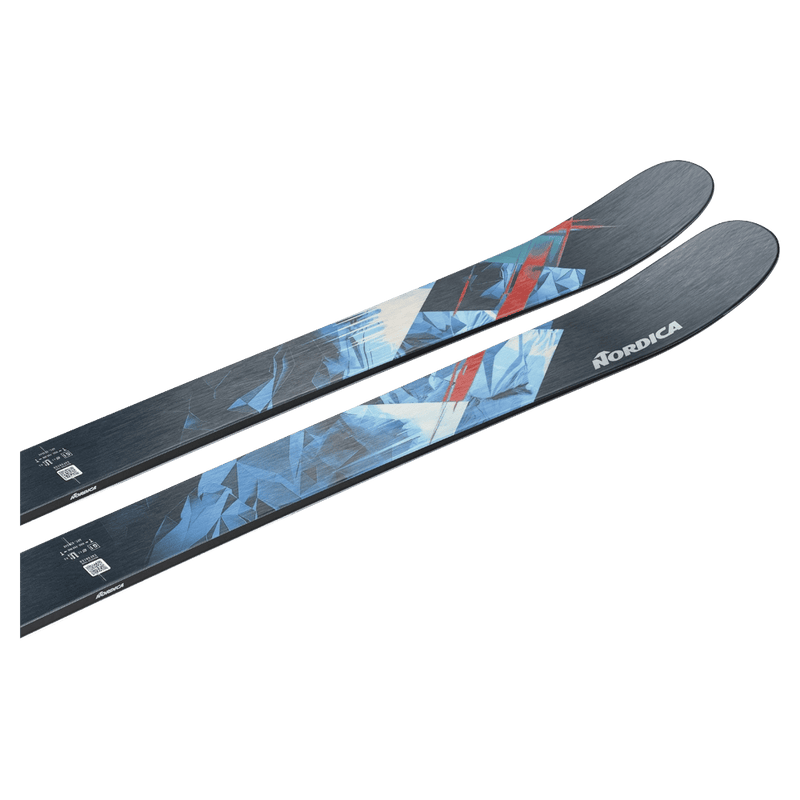 Top view of the Nordica 2027 Enforcer 99 Ski, featuring a spliced graphic design in red, blue, and black