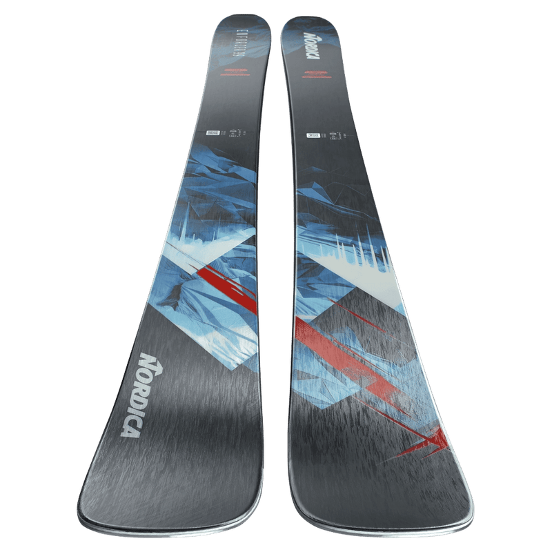Top view of the Nordica 2027 Enforcer 99 Ski, featuring a spliced graphic design in red, blue, and black
