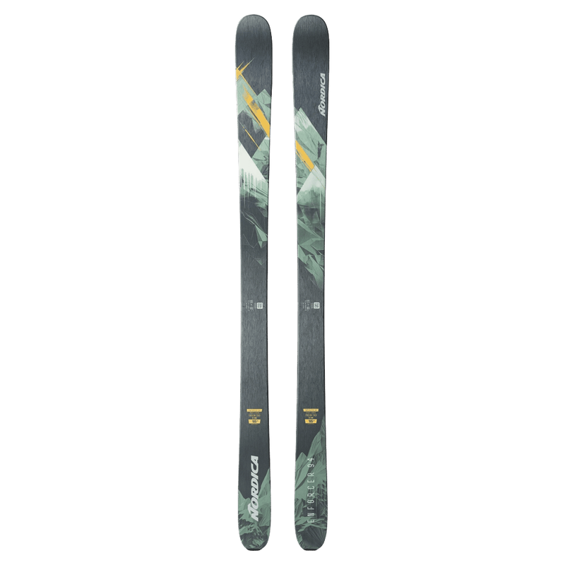 Top view of the Nordica 2027 Enforcer 94 Ski, featuring a spliced graphic design in orange, green, and black.