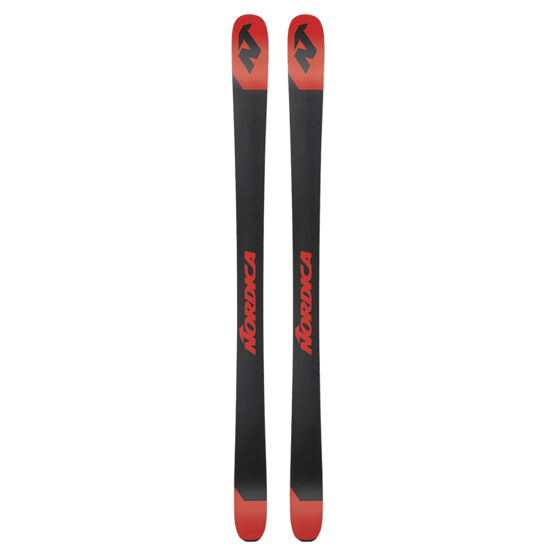 Base view of the Nordica 2027 Enforcer 94 Ski, featuring a black base, red tips and tail and contrast branding