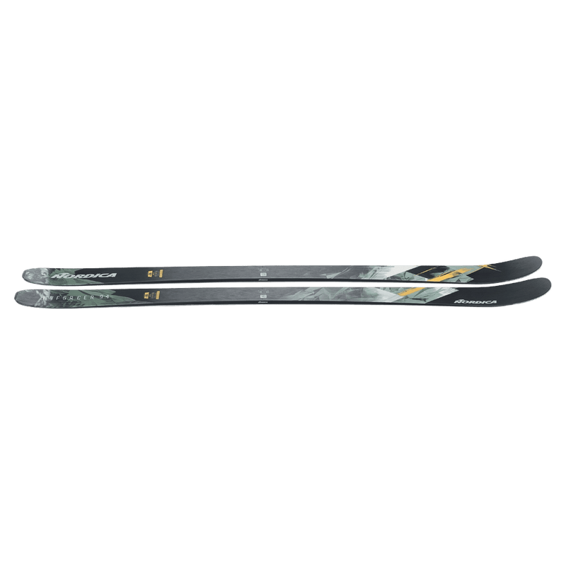 Top view of the Nordica 2027 Enforcer 94 Ski, featuring a spliced graphic design in orange, green, and black.
