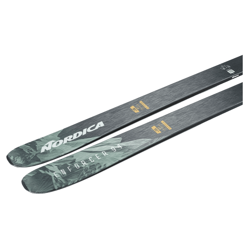 Top view of the Nordica 2027 Enforcer 94 Ski, featuring a spliced graphic design in orange, green, and black.