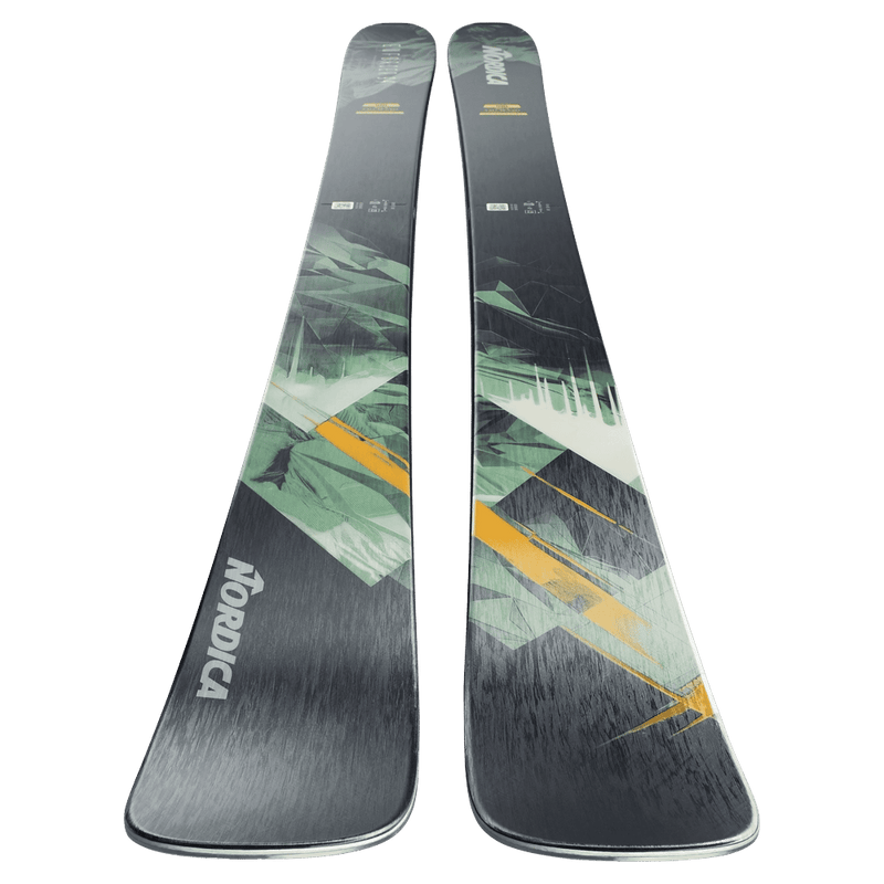 Top view of the Nordica 2027 Enforcer 94 Ski, featuring a spliced graphic design in orange, green, and black.