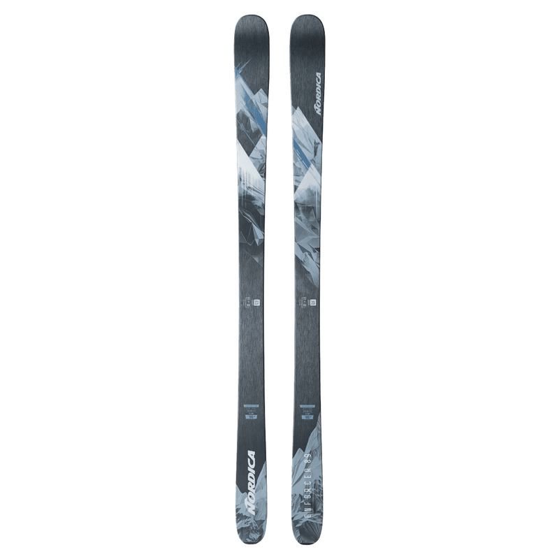 Top view of the Nordica 2027 Enforcer 89 Ski, featuring a spliced graphic design in black, grey, and blue.