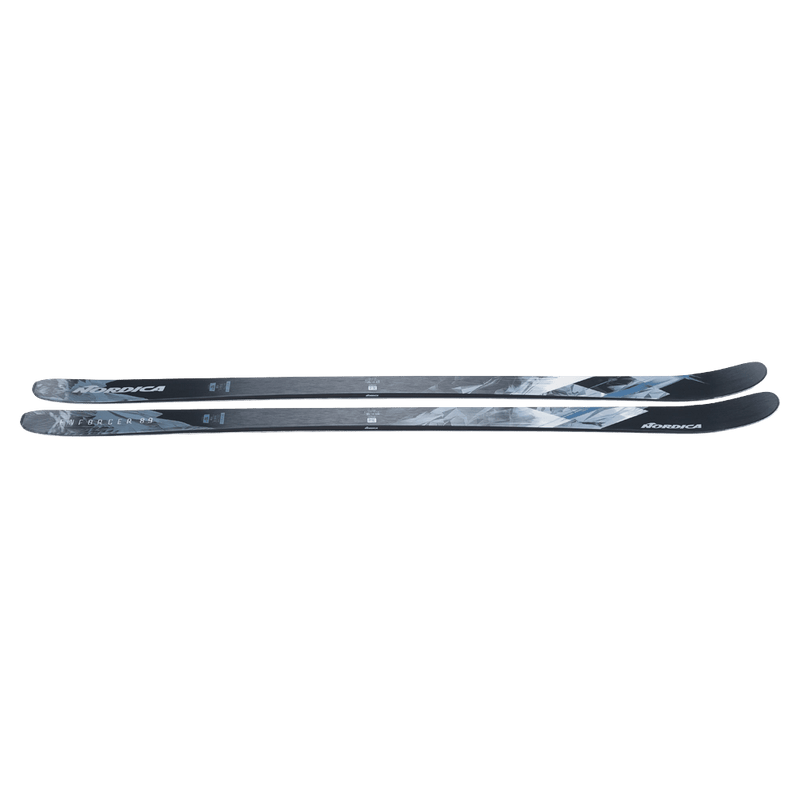 Top view of the Nordica 2027 Enforcer 89 Ski, featuring a spliced graphic design in black, grey, and blue.