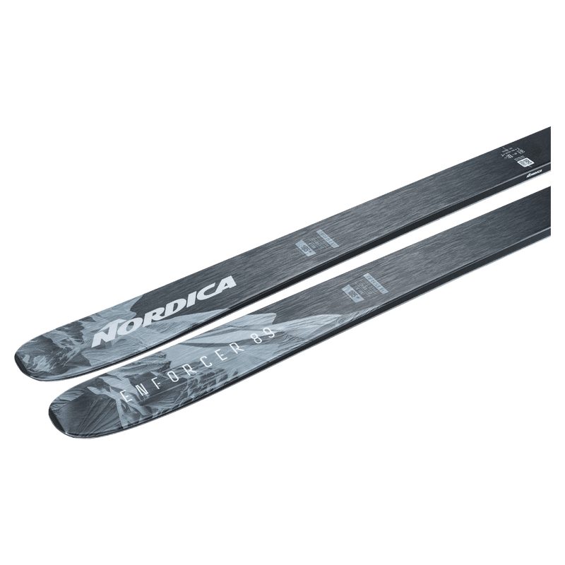 Top view of the Nordica 2027 Enforcer 89 Ski, featuring a spliced graphic design in black, grey, and blue.