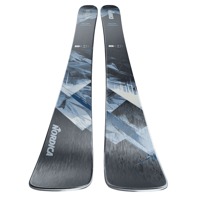 Top view of the Nordica 2027 Enforcer 89 Ski, featuring a spliced graphic design in black, grey, and blue.