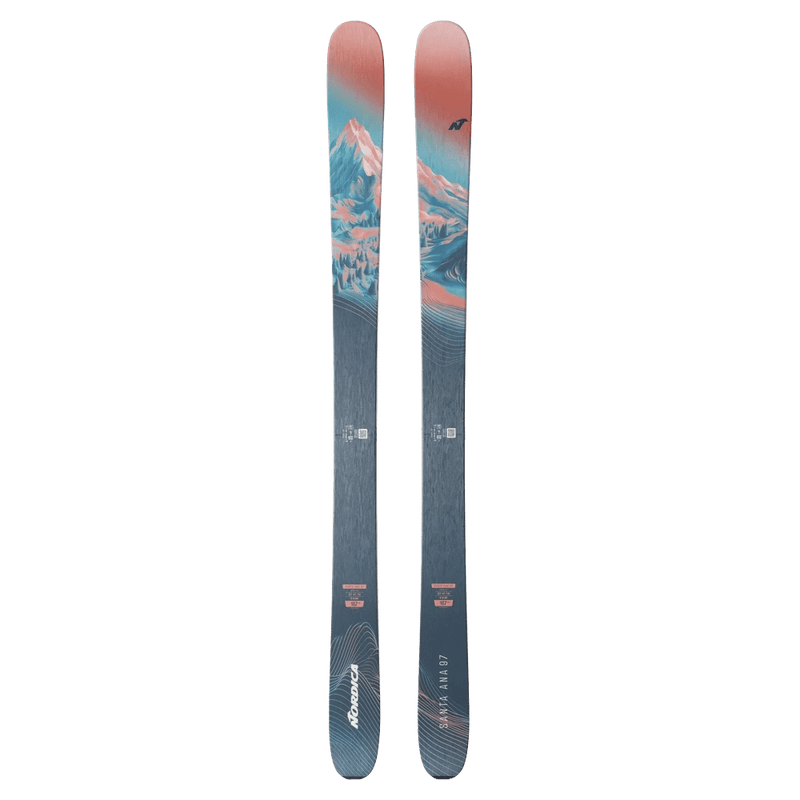 Top view of Nordica 2027 Santa Ana 97 Ski for Women with salmon, turquoise, and navy topsheet.