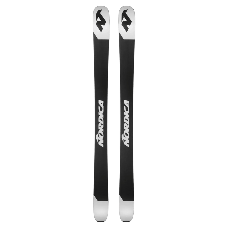 Base view of Nordica 2027 Santa Ana 97 Ski for Women with black base, white tips and tail and black branding.