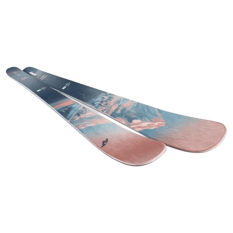 Top view of Nordica 2027 Santa Ana 97 Ski for Women with salmon, turquoise, and navy topsheet.