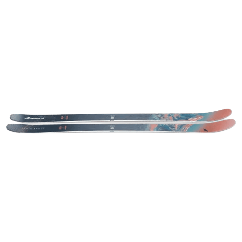 Side view of Nordica 2027 Santa Ana 97 Ski for Women with salmon, turquoise, and navy topsheet.