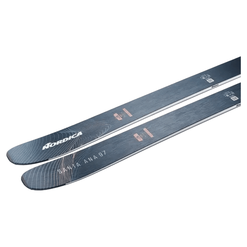 Tail view of Nordica 2027 Santa Ana 97 Ski for Women with salmon, turquoise, and navy topsheet.