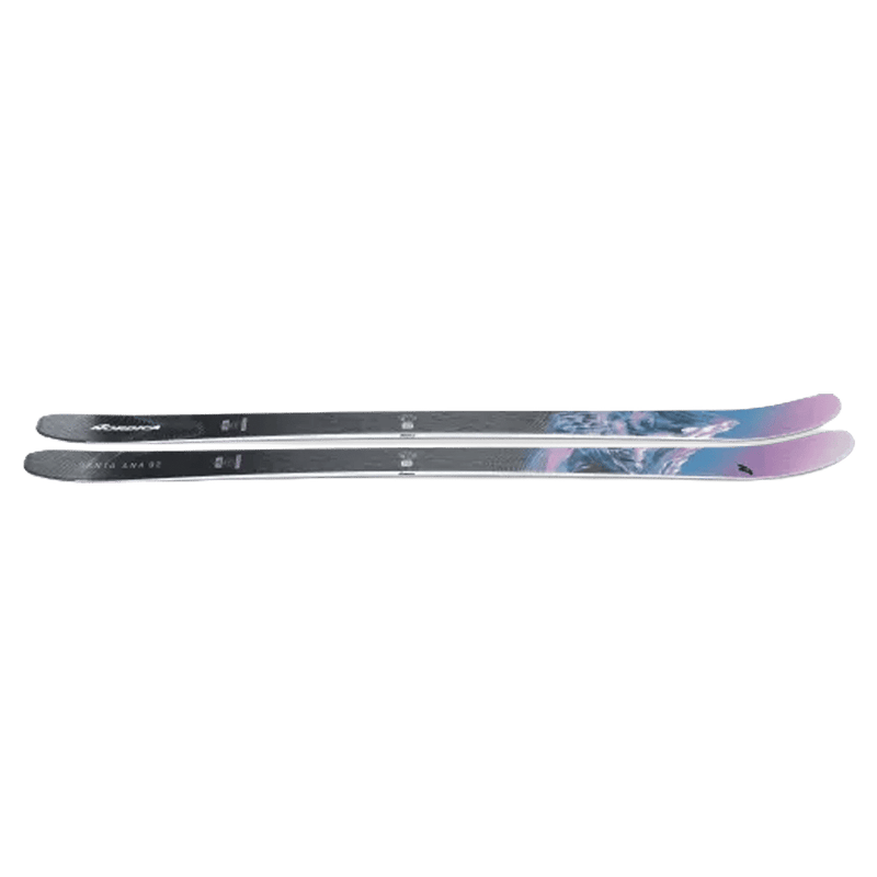 Top view of the Nordica 2027 Santa Ana 92 Ski for Women, featuring a mountain graphic in blue, lavender, and black.
