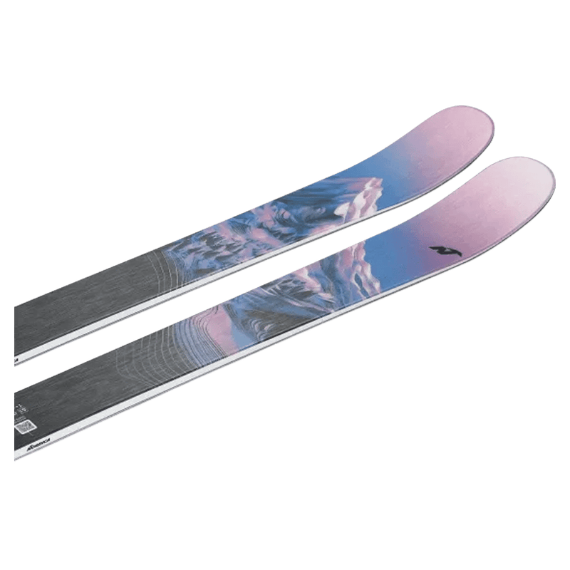 Top view of the Nordica 2027 Santa Ana 92 Ski for Women, featuring a mountain graphic in blue, lavender, and black.