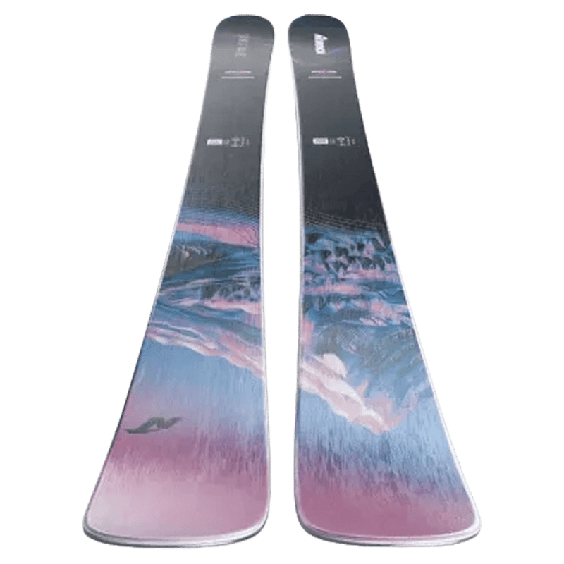 Top view of the Nordica 2027 Santa Ana 92 Ski for Women, featuring a mountain graphic in blue, lavender, and black.