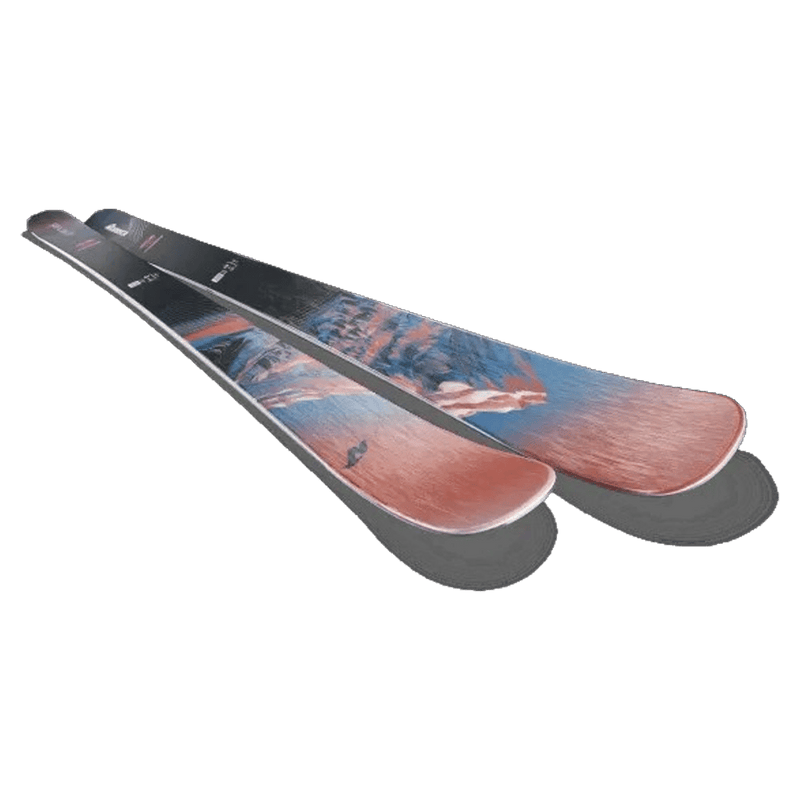 Top view of Nordica 2027 Santa Ana 87 Ski for Women with mountain landscape graphic in blue, white, and red over black base.