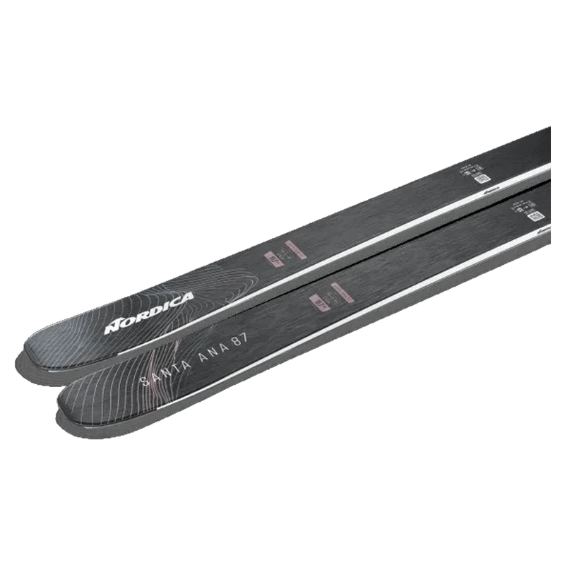 Top view of Nordica 2027 Santa Ana 87 Ski for Women with mountain landscape graphic in blue, white, and red over black base.