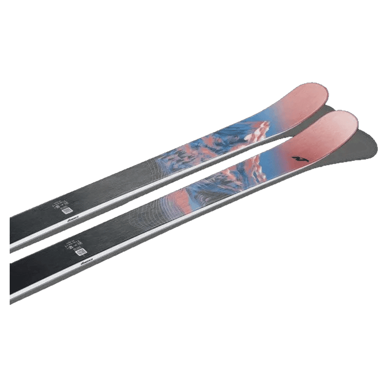 Top view of Nordica 2027 Santa Ana 87 Ski for Women with mountain landscape graphic in blue, white, and red over black base.