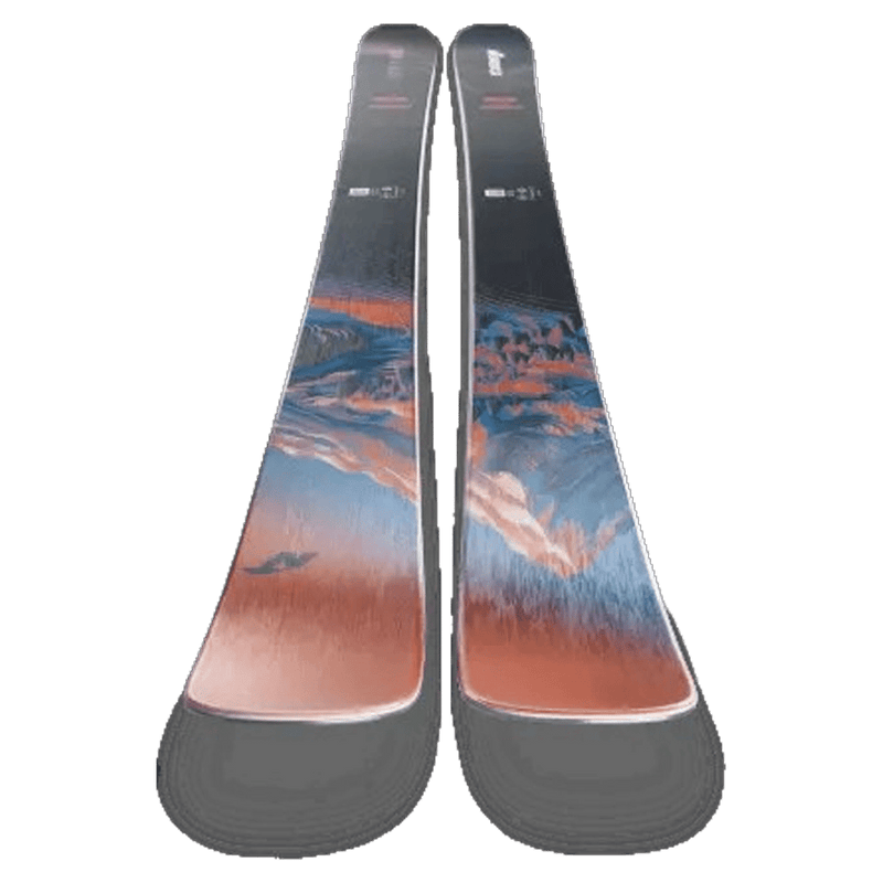 Top view of Nordica 2027 Santa Ana 87 Ski for Women with mountain landscape graphic in blue, white, and red over black base.
