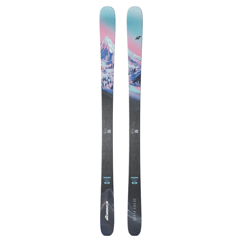 Top view of Nordica 2027 Santa Ana 82 Ski for Women with mountain landscape graphic in blue, pink, and white over black base
