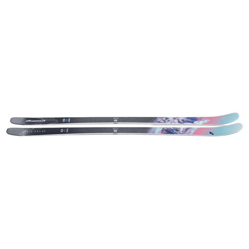 Side view of Nordica 2027 Santa Ana 82 Ski for Women with mountain landscape graphic in blue, pink, and white over black base