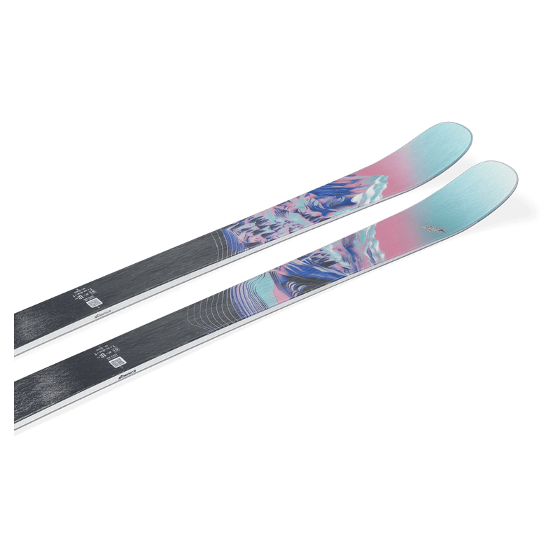 Top view of Nordica 2027 Santa Ana 82 Ski for Women with mountain landscape graphic in blue, pink, and white over black base
