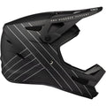 Matte black 100 Percent Status full-face MTB helmet with white diagonal pinstripes and adjustable visor, side profile.