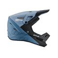 100 Percent Status full-face MTB helmet in matte blue and black with mesh vents and visor, side profile.